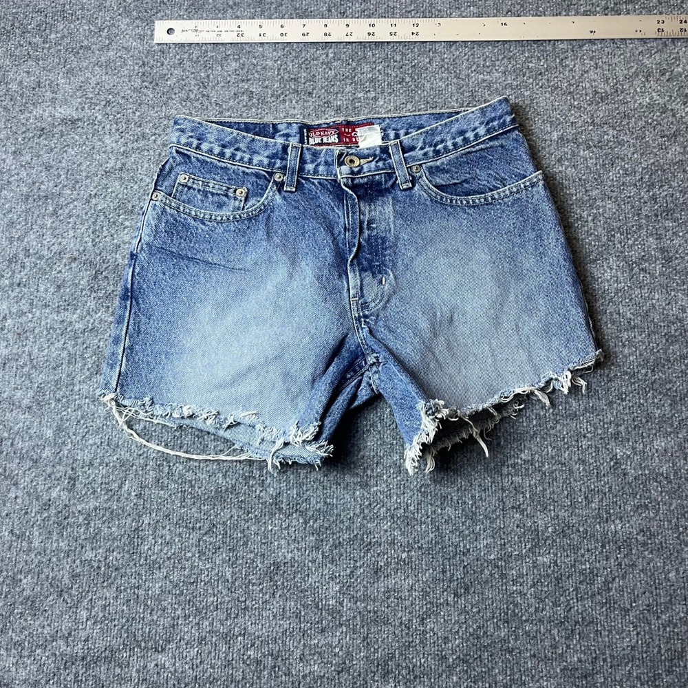 Old Navy Denim Shorts Womens Size 8 Long Blue Low Rise Raw Hem Frayed Y2K Casual